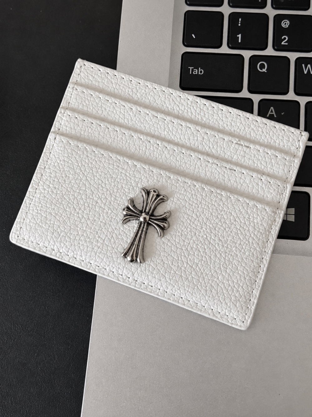 White Leather Card Holder Silver Chrome HRTS Cross Y2K Gothic Minimalist Wallet